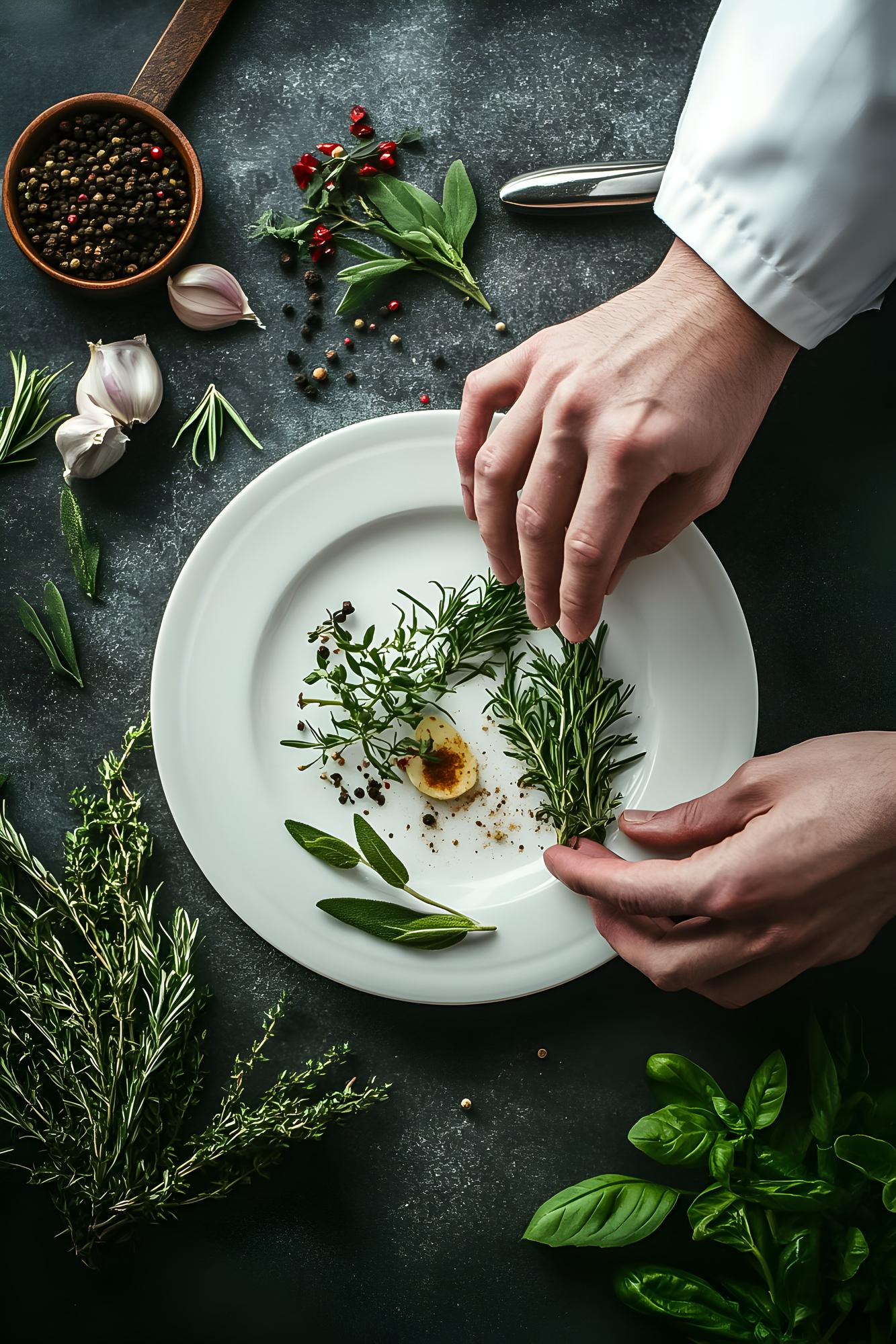 close-up of chef hands plating a dish with herbs